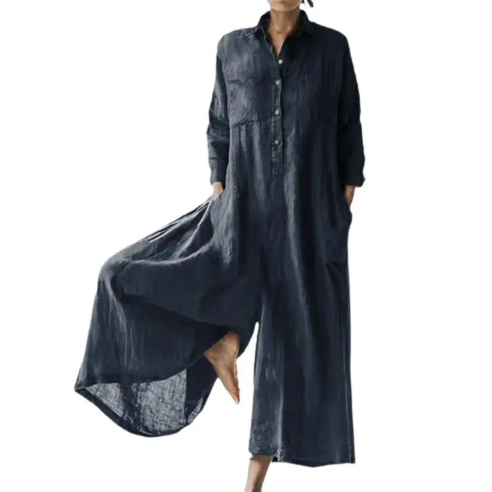 Women's Jumpsuit Casual Elegant Long Sleeve Lapel Loose Wide Leg with Pockets Single-Breasted Romper Bodysuit Summer Supply