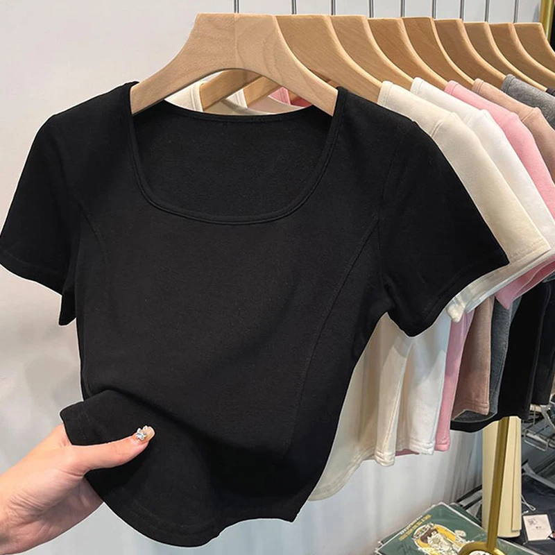 Женская Асимметричная футболка однотонный облегающий топ с квадратным вырезом и