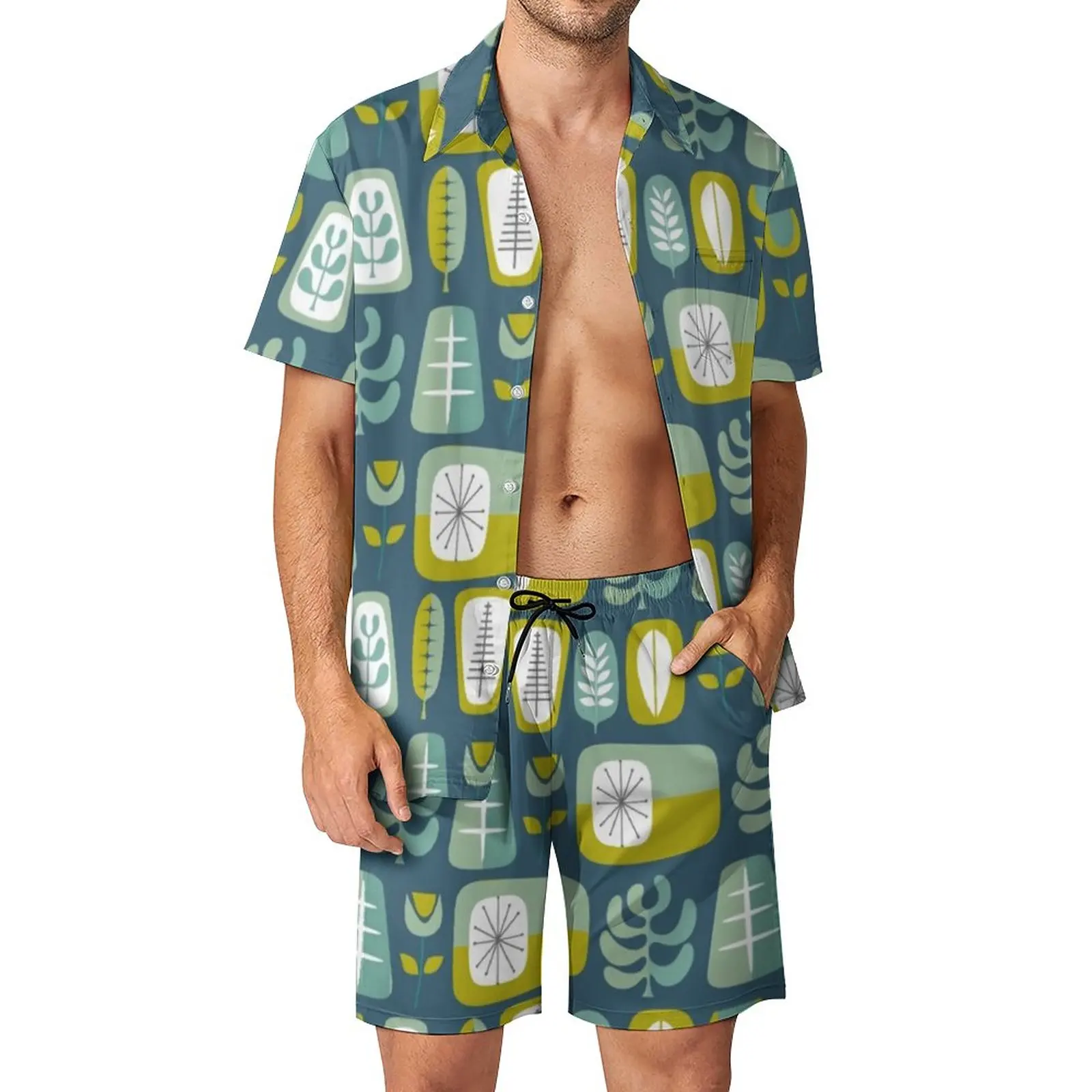 

Современные мужские комплекты среднего века, современный Повседневный пляжный комплект с шортами и рубашкой в современном стиле, винтажный костюм с короткими рукавами, Одежда большого размера