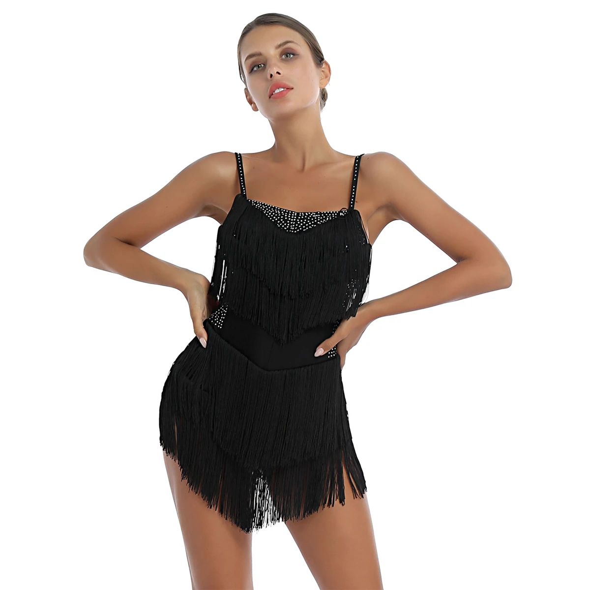 

Rhinestone Latin Dresses Women Latin Dance Skirt Tango Salsa Gogo Dance Costume Party Dancer Singer Fringe Tassel Dress Leotard