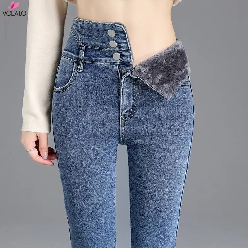 

VOLALO Winter Thick Velvet Women High Waist Skinny Jeans Simple Fleece Warm Slim Fit Stretch Ladies Casual Denim Pencil Pants