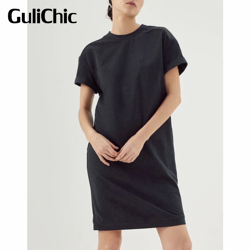 3.27 GuliChic Beading Chain Decoration Casual Comfortable Cotton Short Sleeve Solid Color Dress Women