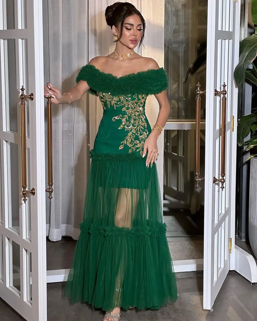 

Vintage Dark Green Tulle Prom Dresses Off The Shoulder Floor Length Pleated Beadings Formal Party Dresses vestidos de fiesta