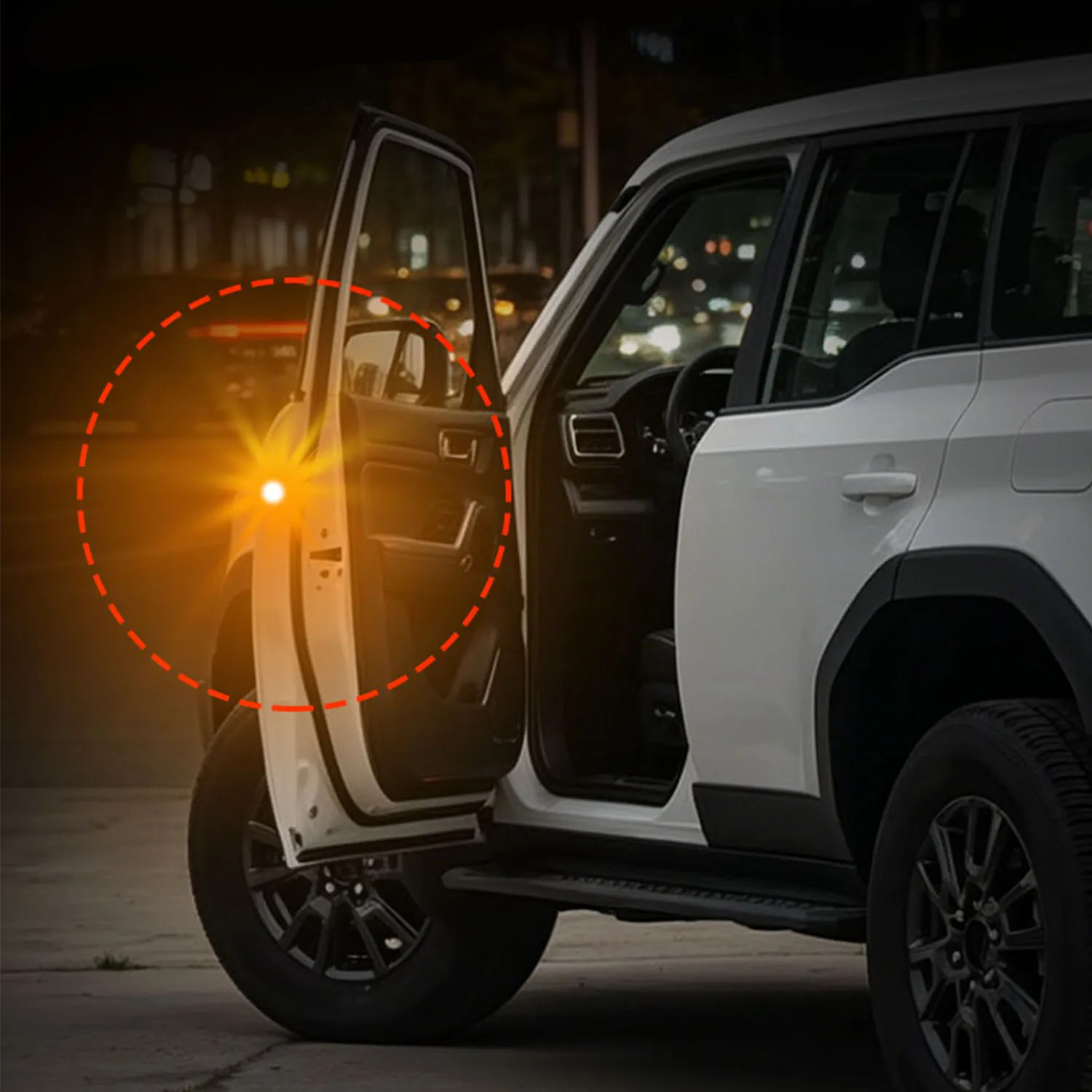 Фото Для Toyota Land Cruiser Prado J250 LC250 2024 2025: Светодиодный предупреждающий фонарь на дверь, стробоскоп, сигнальная лампа безопасности от столкновений, желтый свет №1