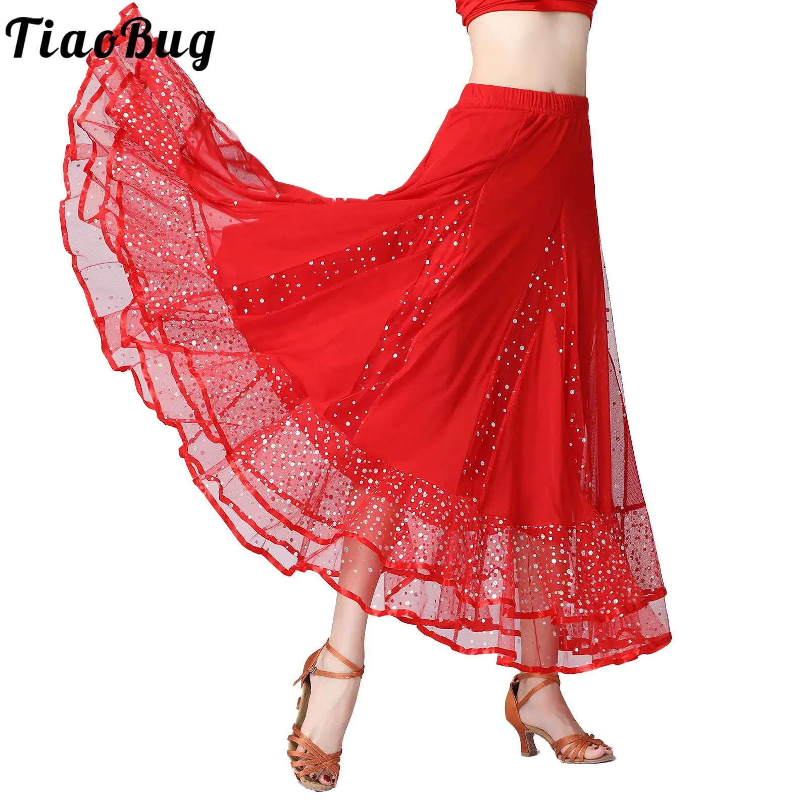 

Женский костюм для бальных танцев, юбка из тюля с блестками, длинная блестящая юбка для карнавала и выступления на сцене