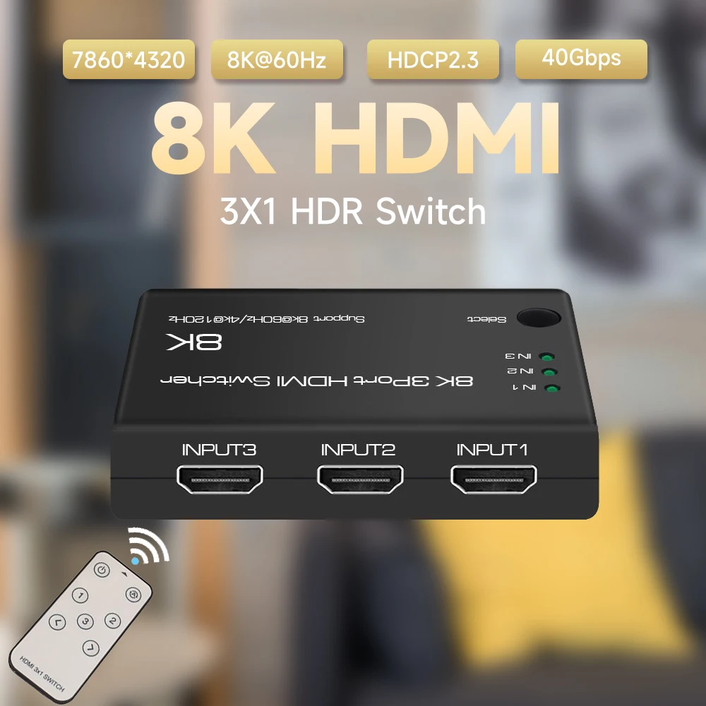 

MOSHOU 3 In 1 Out HDMI 2.1 Switcher for PS5 Xbox One Computer Laptop 8K 60Hz 3x1 HDR 48Gbps HDCP2.3 Display HDMI Switch Spliter