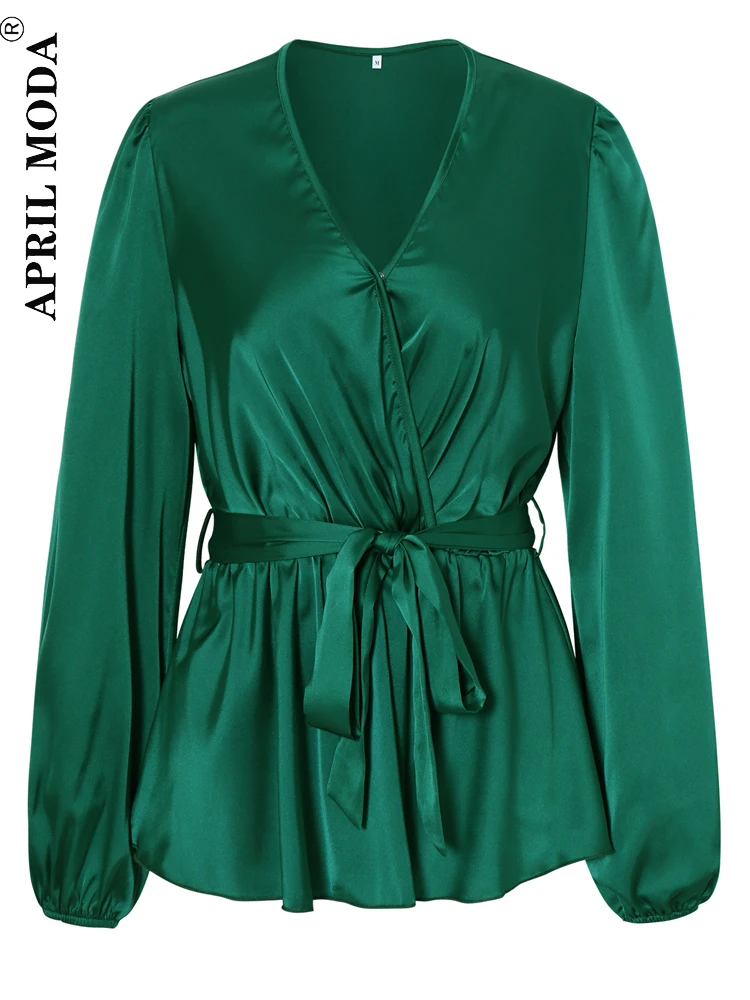 

Элегантная атласная Женская рубашка, зеленая свободная Офисная Женская рубашка с v-образным вырезом, топ с поясом, винтажная весенне-летняя ...