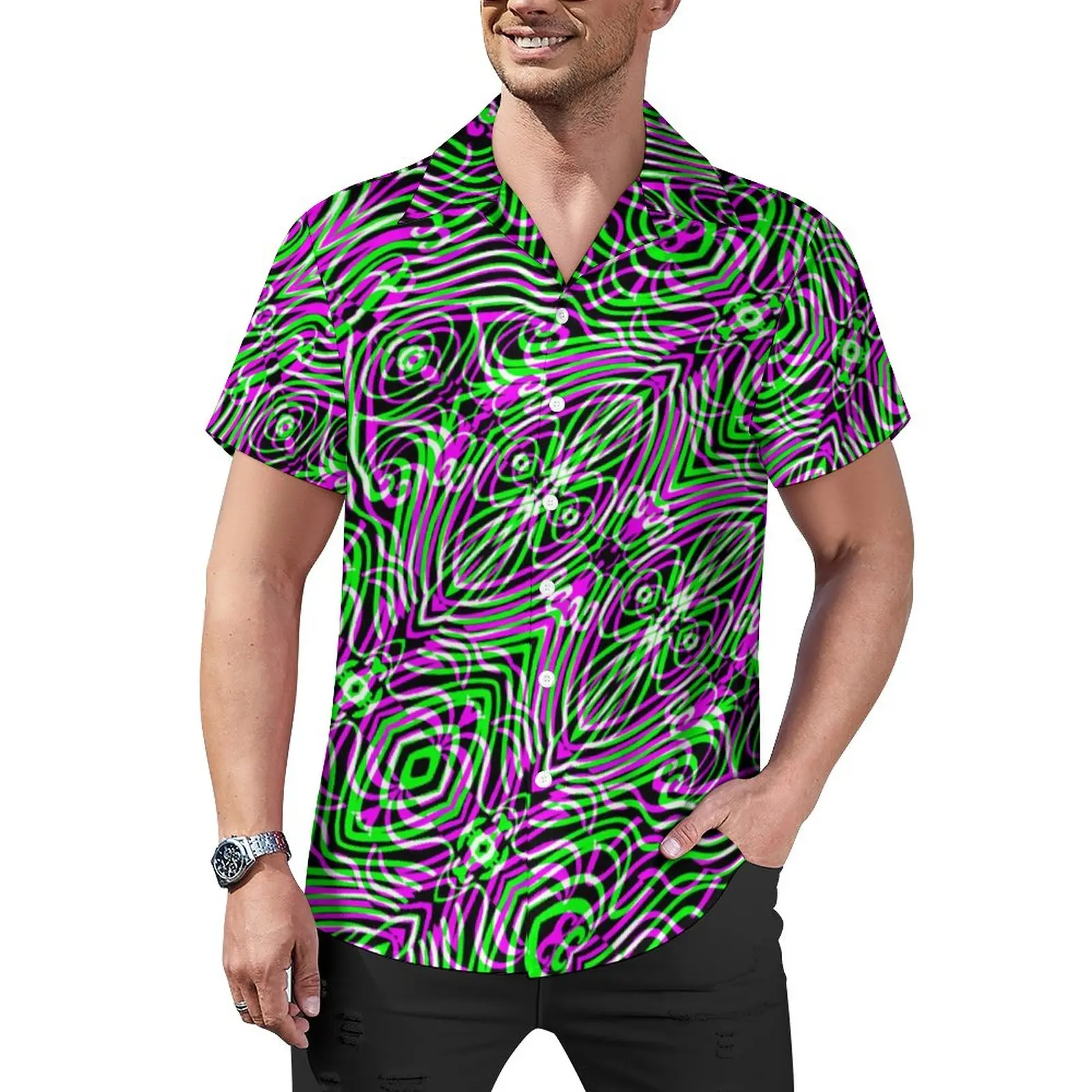 

Colorful Geo Print Beach Shirt Illusion Optical Hawaiian Casual Shirts Male Novelty Blouses Short Sleeve Design Clothes Big Size