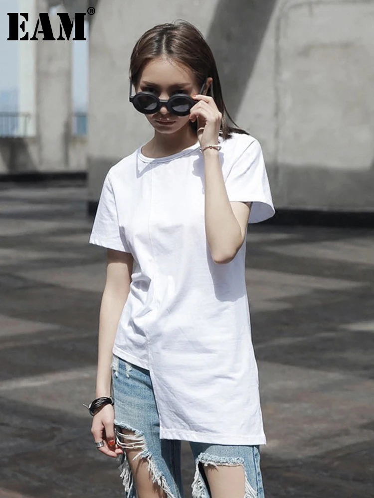 

[EAM] Women White Hem Irregular Split Joint Brief T-shirt New Round Neck Short Sleeve Fashion Tide Spring Summer 2022 JL446