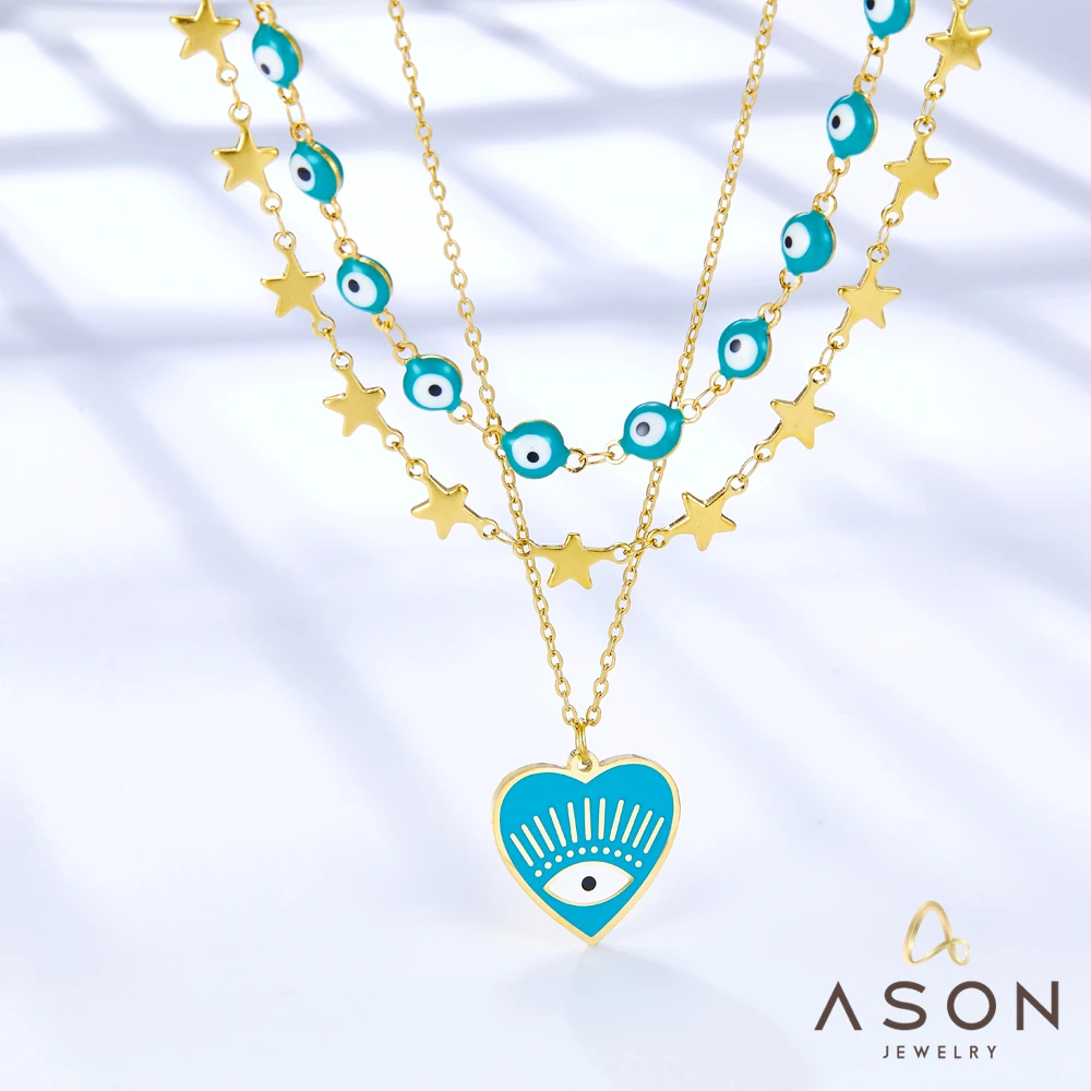 

ASONSTEEL Gold Color Stainless Steel Heart Green Eyes Stars Accessories Multi-layer Chains Pandent Necklace For Women Jewelry