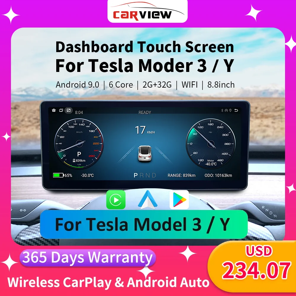 

CARVIEW For TESLA Model 3 Y 8.8 inch IPS Dashboard touch screen Andriod 9 Wireless Carplay Android Auto Upgrade Front Camera