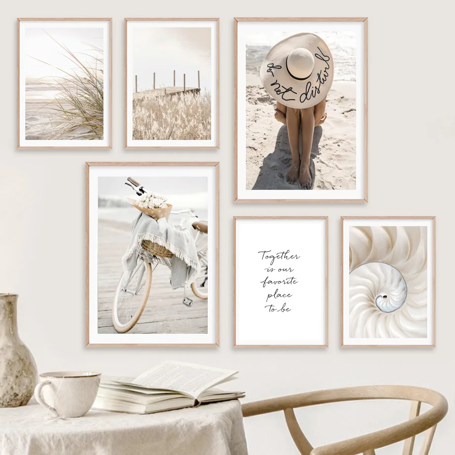 

Beach Girl Bicycle Lake Reed Shells Beige Wall Art Canvas Painting Nordic Posters And Prints Wall Pictures For Living Room Decor