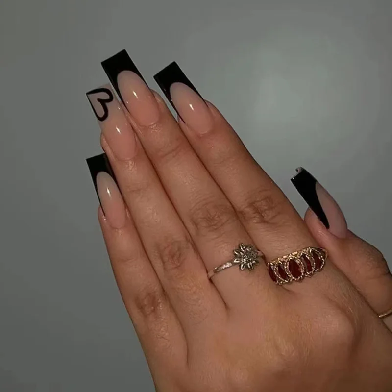 

24Pcs Mid-length Black French Fake Nails Simple Coffin Ballet False Nails with Glue Wearable Press on Nails Full Cover Nail Tips
