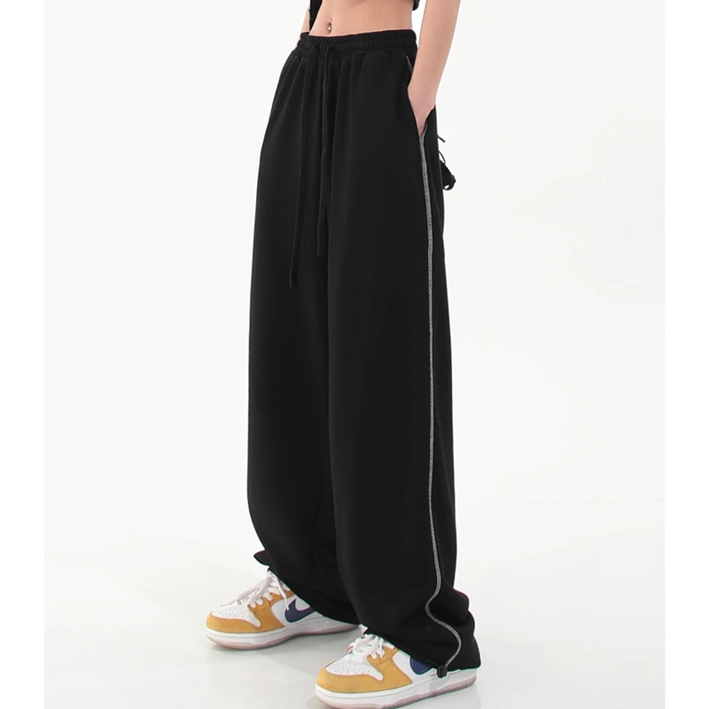 

Брюки женские с завышенной талией, прямые мешковатые винтажные повседневные штаны в американском стиле, хип-хоп с эластичным поясом, с широ...