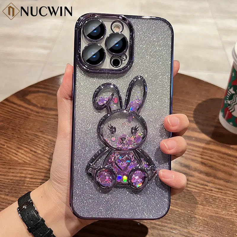 Quicksand Rabbit Glitter Phone Case For iPhone 11 12 13 14 Pro Max 14 Plus Bling Love Heart Camera Film Protector Plating Cover