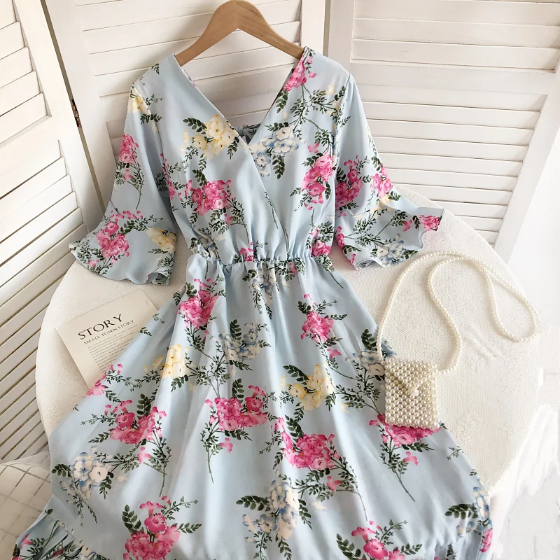 Gaganight женское платье с V-образным вырезом принтом и рукавом-колокольчиком Новинка