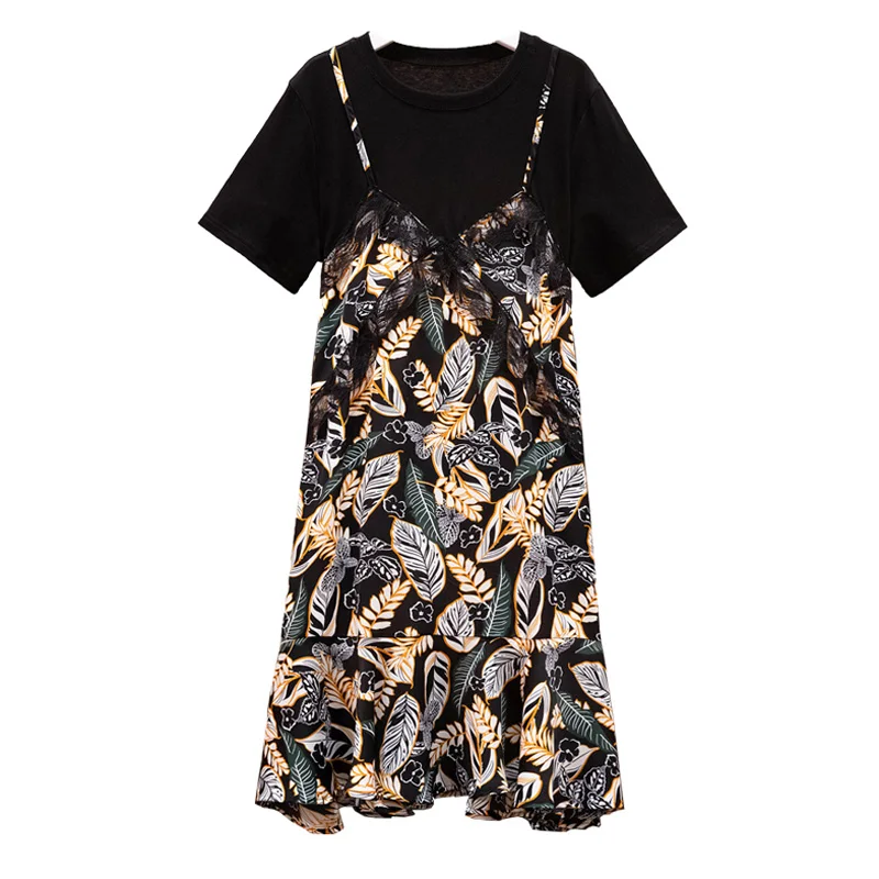 

Women Knees T Shirt Dress Casual O Neck Short Sleeve Robe Summer Plus Size Loose Splicing Fake Two Pieces Printed Beach Wear