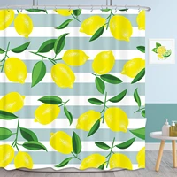 cute lemon shower curtain for bathroom decor yellow fruit green leaves plant white stripe citrus fabric waterproof with 12 hooks