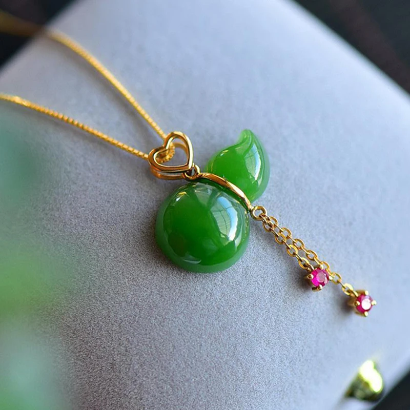 Colgante de borla en forma de corazón de calabaza de jade Hetian Natural para mujer, collar elegante, abalorio único, joyería artesanal de oro antiguo