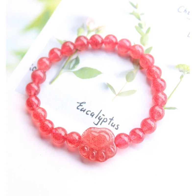 

Natural Strawberry Quartz Match Cat's Paw Single Circle DIY Bracelet Wild Fashion Factory Wholesale