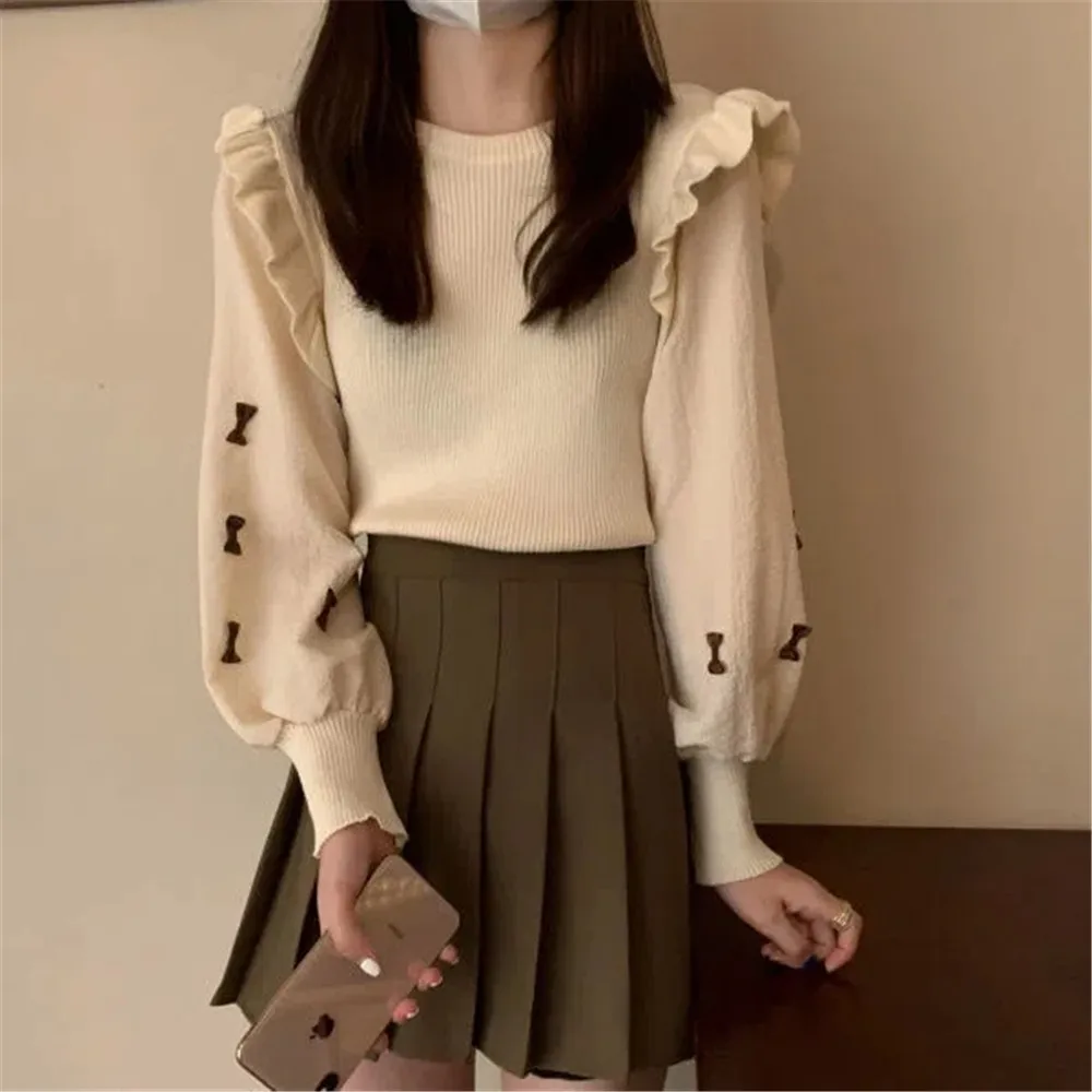 

Vintage Patchwork Ruffles Knitted Sweater Women Brown Sweet Bow O-Neck Pullover Korean Black Students Preppy Lantern Sleeve Top