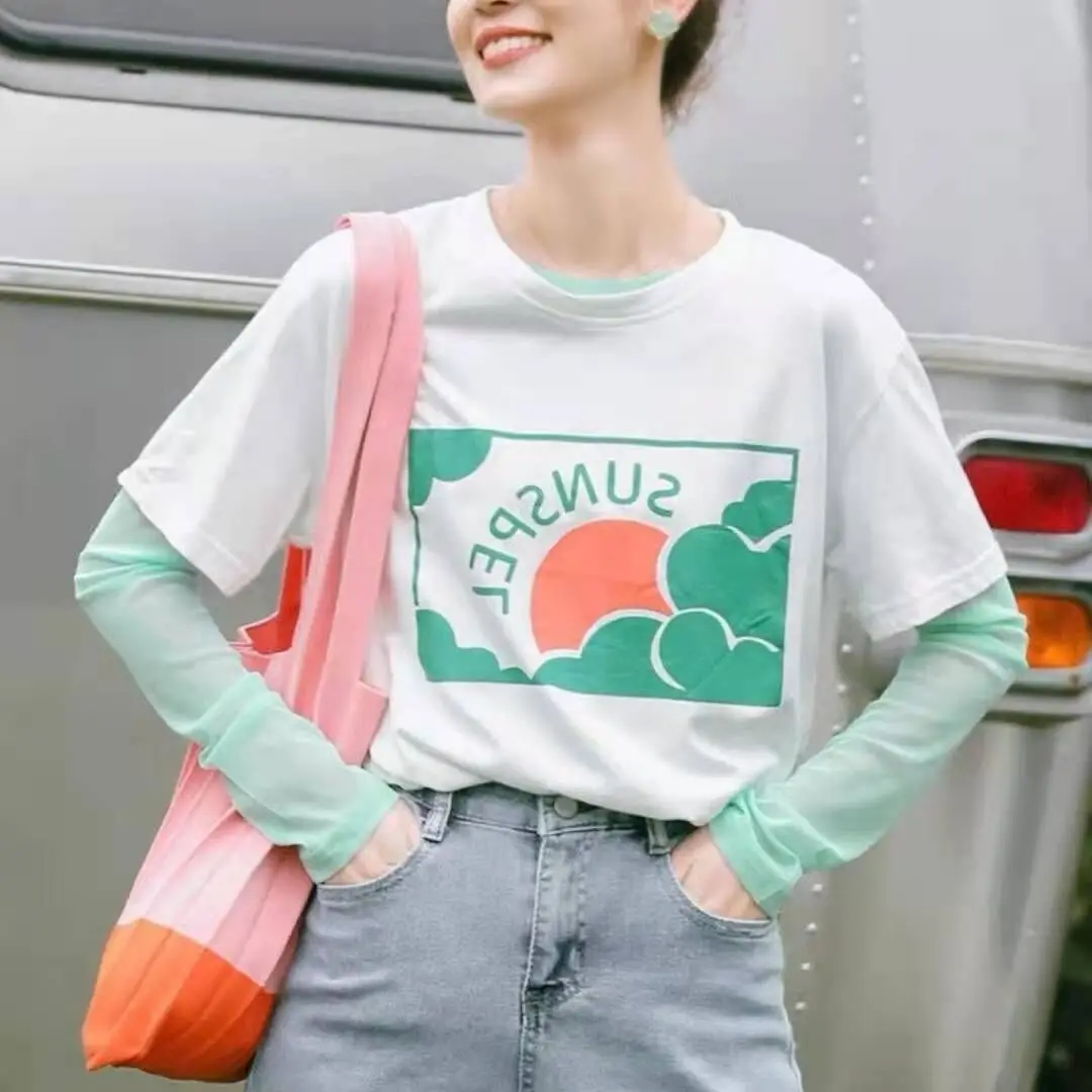 OUMEA женские летние милые сетчатые Топы с длинным рукавом и круглым вырезом