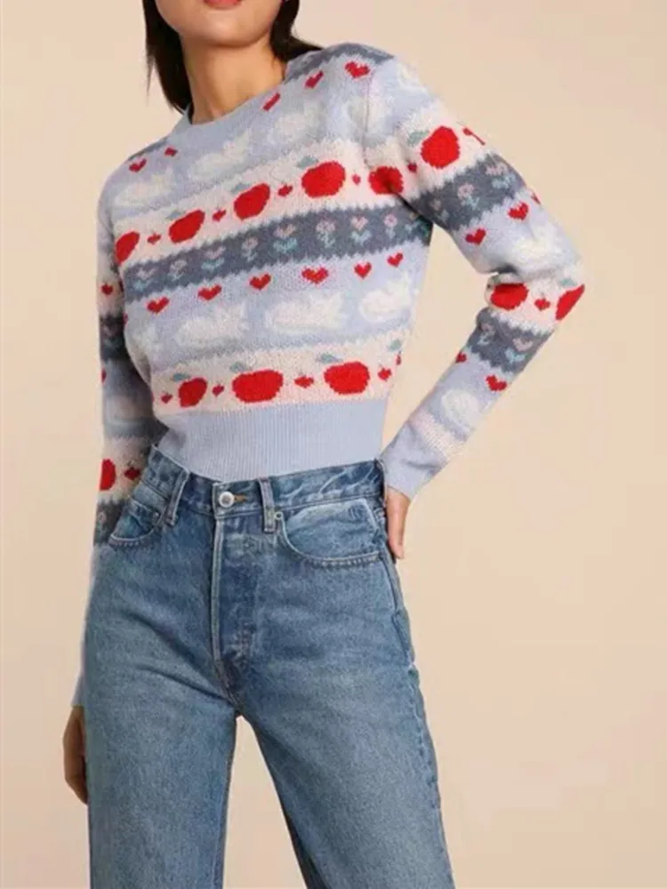 

Women Knit Sweater Vintage Pattern Round Neck Long Sleeve Wool Blends Female Knitwear Pullovers 2022 Autumn