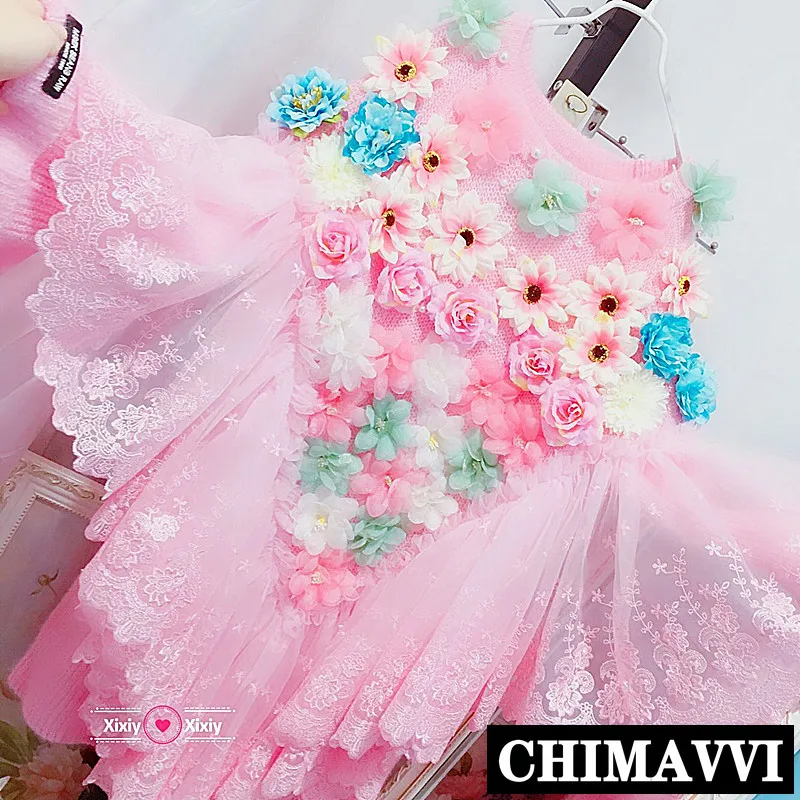 2020 New Fashion Heavy Industry Mesh Flower Splicing Layer Gauze Long Sleeve Pink Sweater Female Fairy Pullover Knitwear Girls