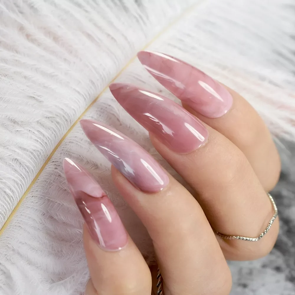 

2022New Long STILETTO False Nails Pre-designed Curved Pink Marble Press On Nails including glue sticker