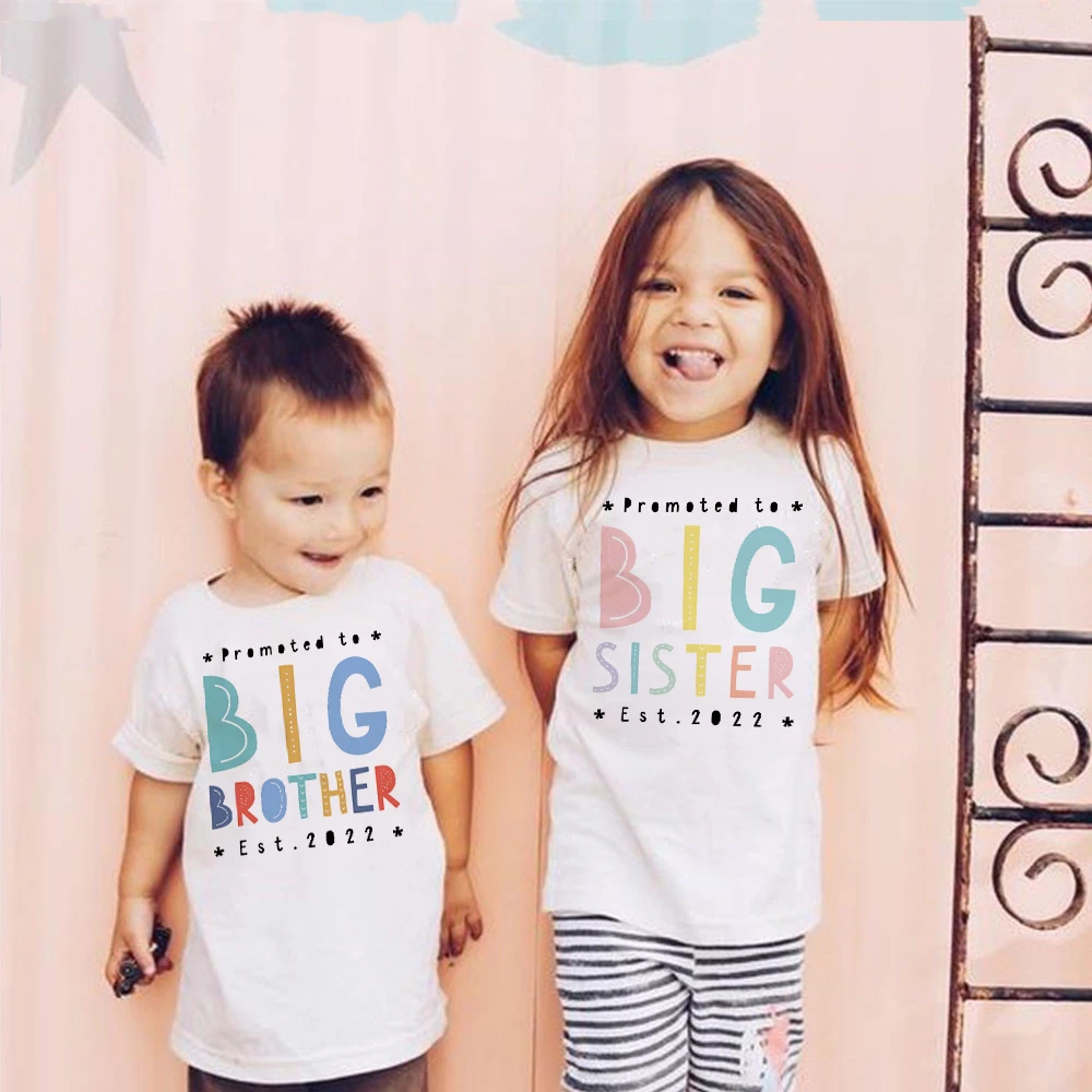 Kids Tshirt Summer Fashion Children Short Sleeve White T Shirt Top Promoted To Big Sister/brother 2022 Print Clothes | Детская одежда и