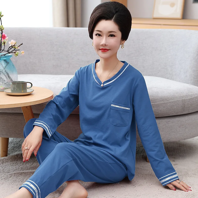 Casual Middle Aged Mother Pajamas Set Long Sleeve Sleepwear Pyjamas Women Spring Autumn Cotton Homewear Night Suit M-3XL