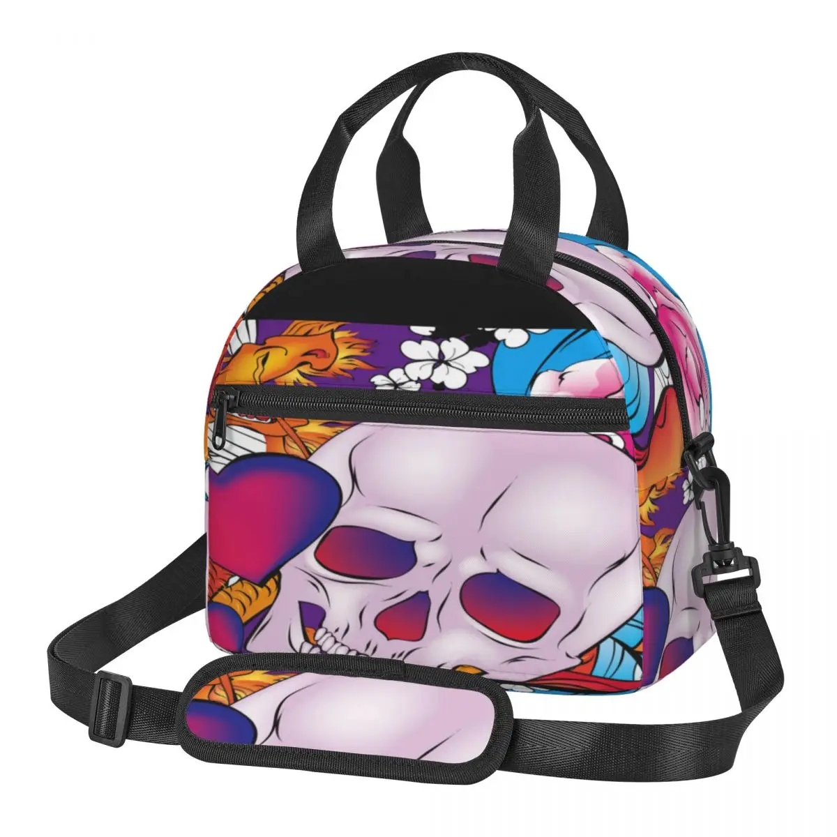 

Portable Insulated Thermal Bento Lunch Box Funny Hearts Skull Flowers And Butterflies Picnic Storage Bag Pouch Lunch Bag