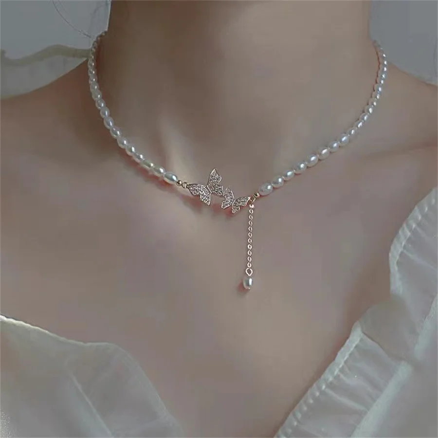 

2022 New Fashon Naturl Freshwater Pearl Necklace Zircon Stone Butterfly Adjustable Chokers Necklace For Women Jewelry Girls Gift