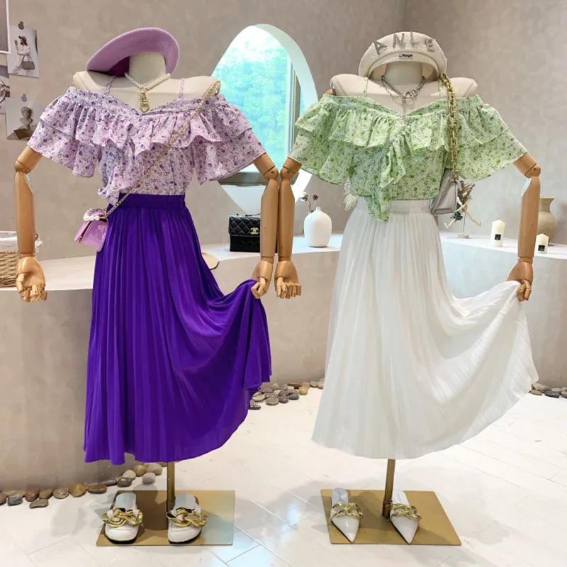 

Niche Design New Women's Clothing 2022 Summer Off Shoulder Ruffle Floral Suspender Top + High Waist Pleated Skirt Two Piece Set