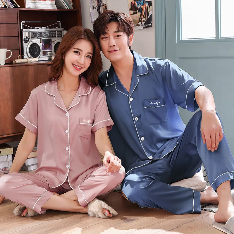 PICKBIRD 2022 New Satin Chiffon Couple Pajamas Short Sleeve Men's Pajama Set Silk Large Size Thin Section Ladies Homewear