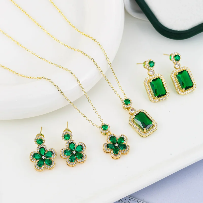

Luxury Green Women's Anniversary Wedding Jewelry Set Fashion Flower Cubic Zirconia Necklace Earrings Elegant Women's Accessories