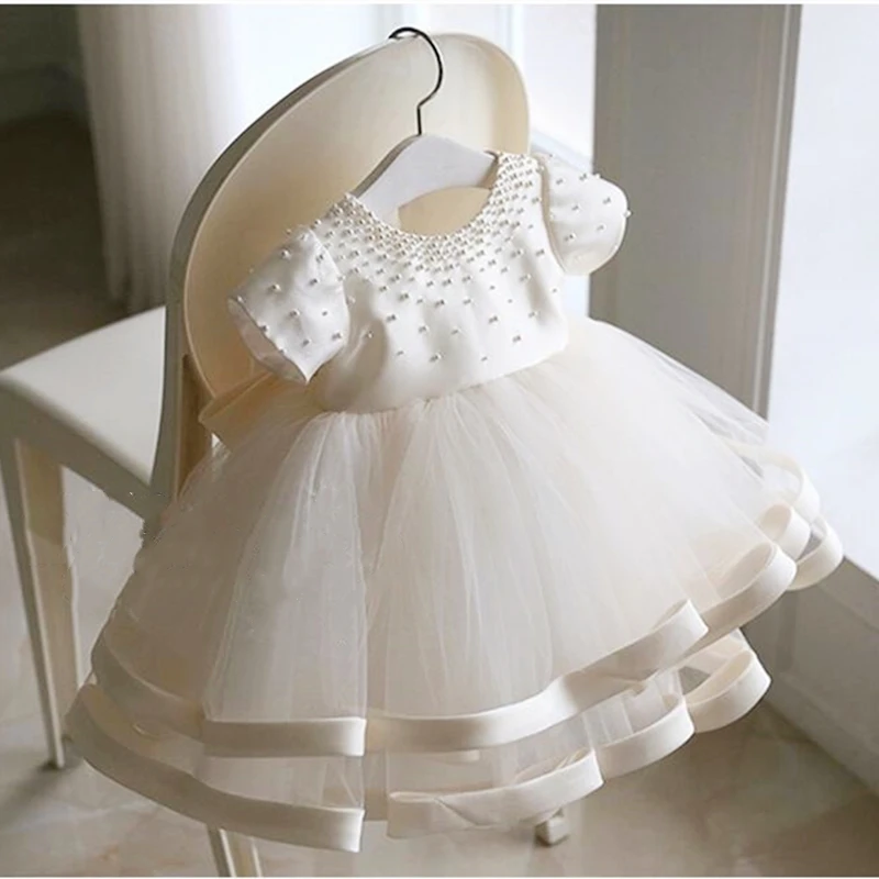 

2023 Summer Beading White Christening Baby Dress First Communion Baptism Wedding Dress for Party 1 Years Birthday Princess Dress