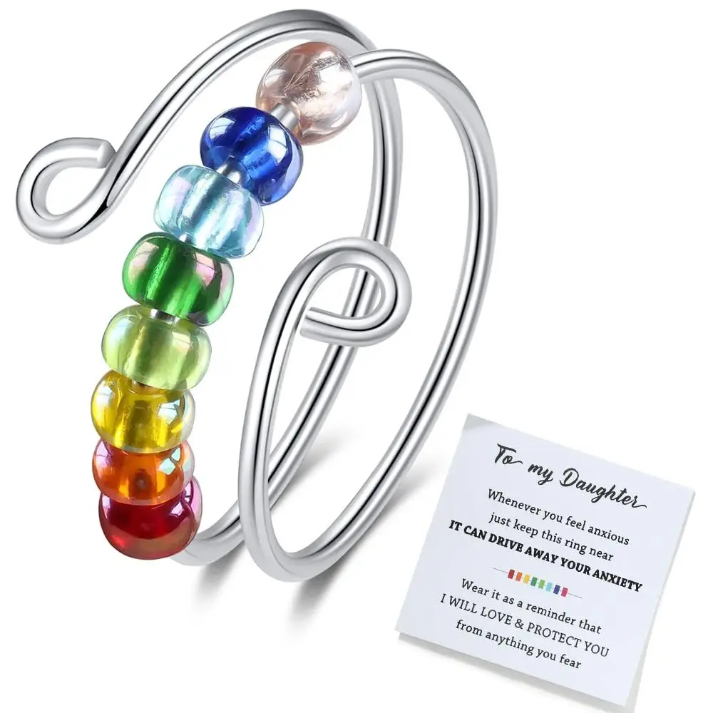 

Fashion To My Daughter Adjustable Fidget Anxiety Ring for Women Stress Relief Rainbow Beads Jewelry Gifts