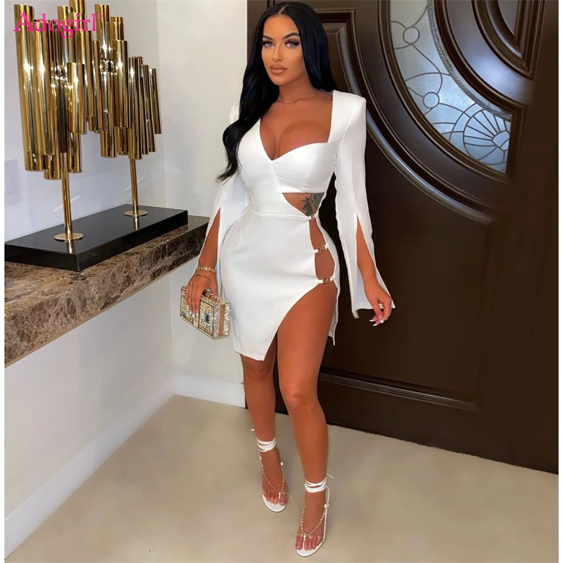 

Adogirl Elegant Women Mini Party Dress Sexy V Neck Padded Shoulder Split Long Sleeve Hollow Out Asymmetrical Bodycon Clubwear