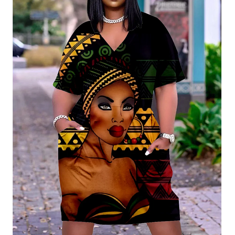 

Fashion Native Midi Dresses Women Bohemian 3D Party Dress Women's Fashion African Dress Female Letter Sexy Sundress Slim Knee V