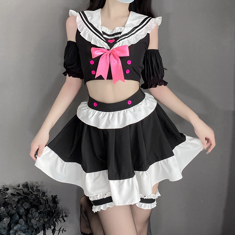 

Japanese Kawaii Maid Uniform Cosplay Costumes Women Sexy Lingerie Bow Ruffle Sailor Collar Sweet Off Shoulder Temptation Suit