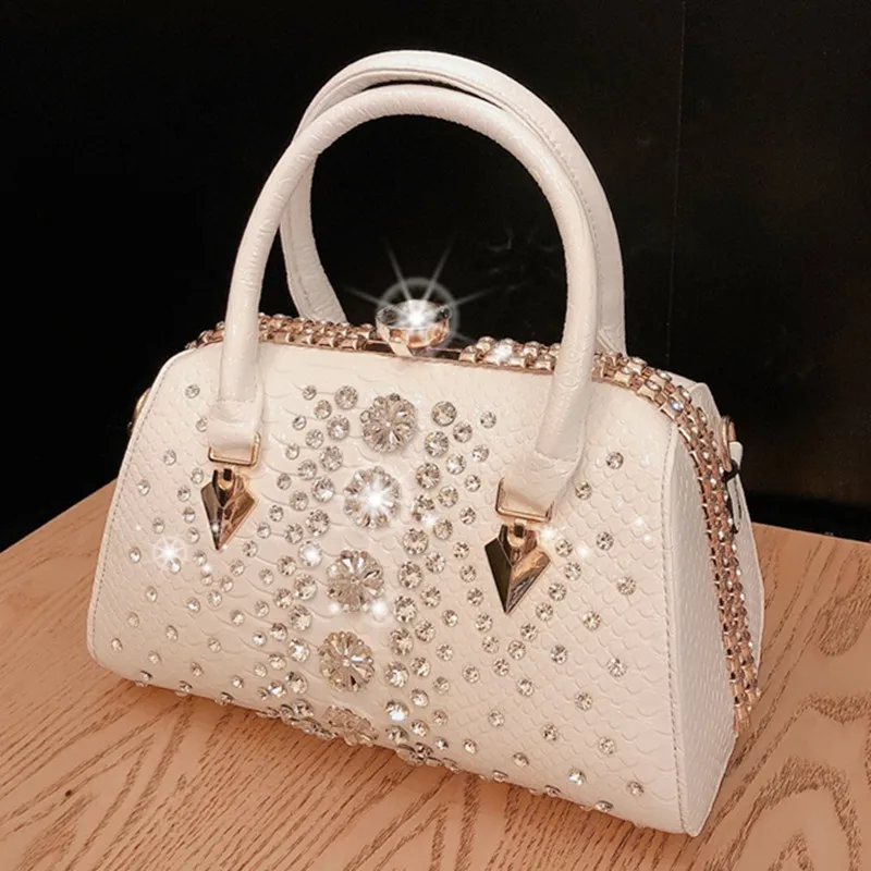 

Luxury Fashion Diamonds Women's Handbag 2023 New Leather Rhinestone Tote Boston Shoulder Messenger Bag White Portable Bags