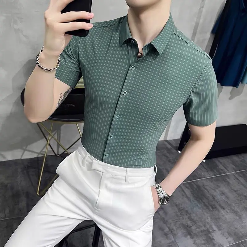 

Striped Shirts and Blouses for Men Business Clothing Short Sleeve Man Tops Muscle Cool Fashion 2023 Korean Style Hipster New In