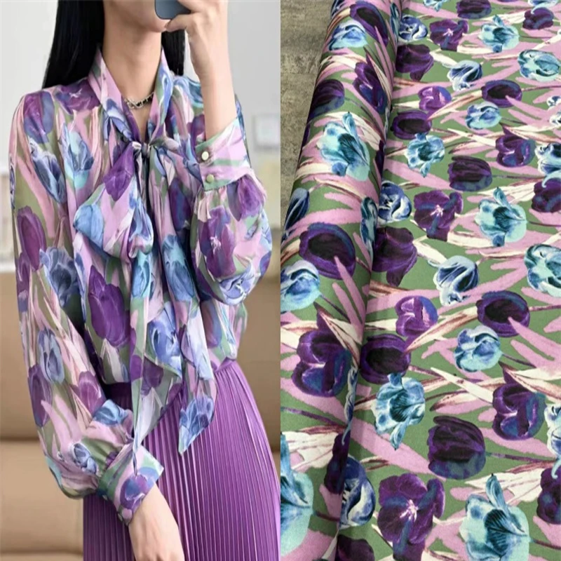 

Fashion Classic Purple Tulip Print Twill Stretch Silk Fabric Elegant Shirt Dress Textile Sewing Handmade Fabric SILK Charmeuse