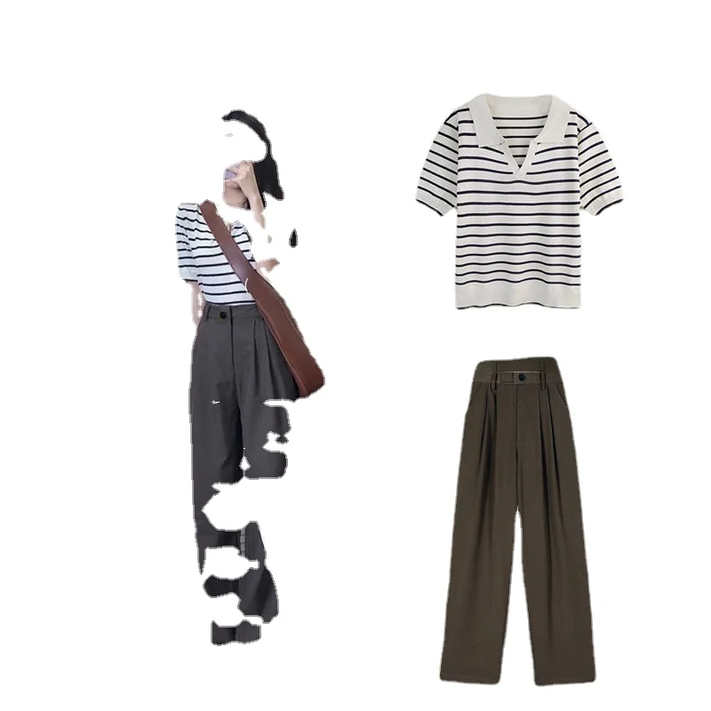 Женский трикотажный костюм-поло с коротким рукавом и широкими штанинами