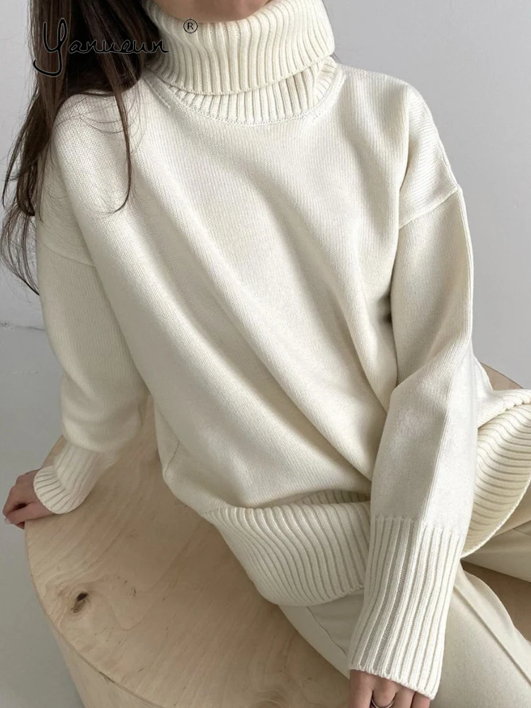 

Yanueun Winter Spring Solid Turtleneck Women's Knitwear Full Sleeve Tops Knitted Casual High Street Pullover Sweater