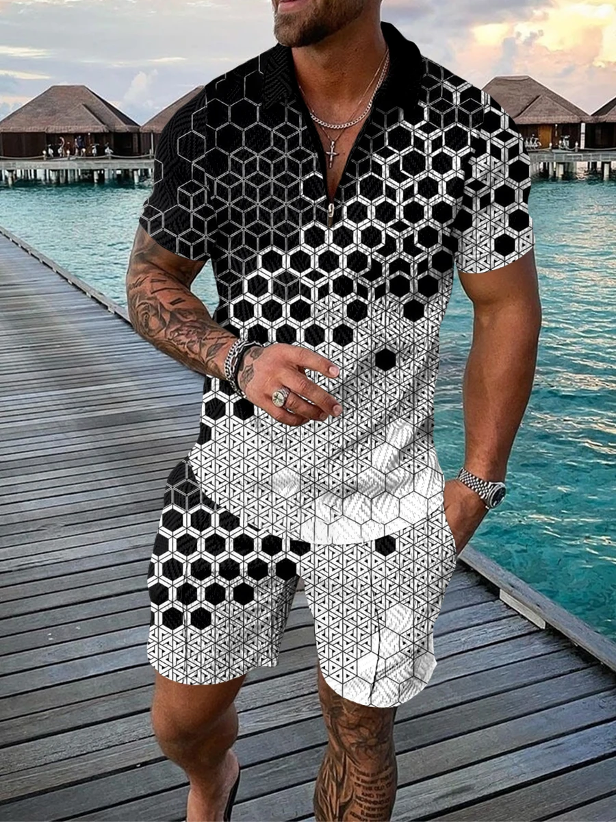 Summer Men Short Sleeve Polo Shirt+Shorts Two-piece Zip Lapel 3D Printing Streetwear Man Clothing Sandbeach Set
