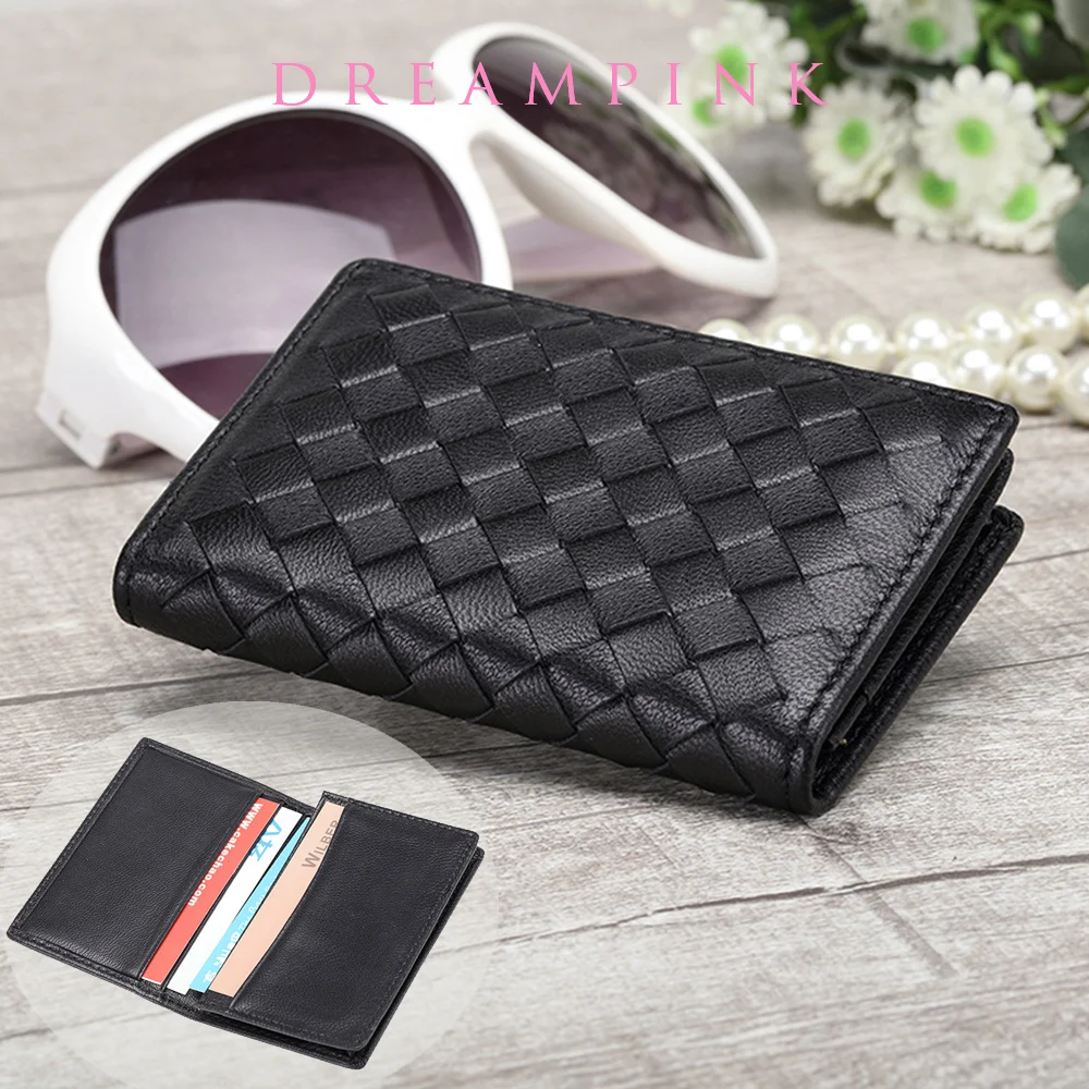 

Luxury Weave Leather Business Card Case Fashion Women Men Check Knitting Sheepskin Name Credit Card Holder Brand Bifold Wallet