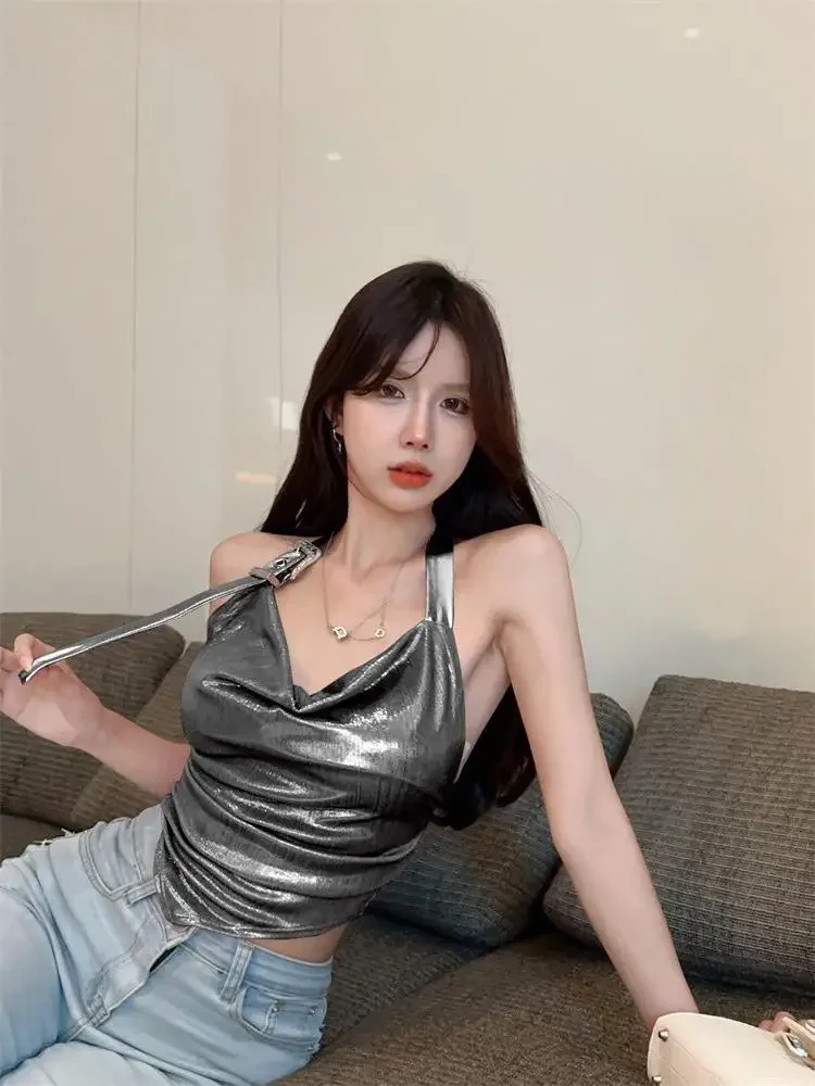 Сексуальная укороченная майка женская летняя жилетка с круглым вырезом и лямкой