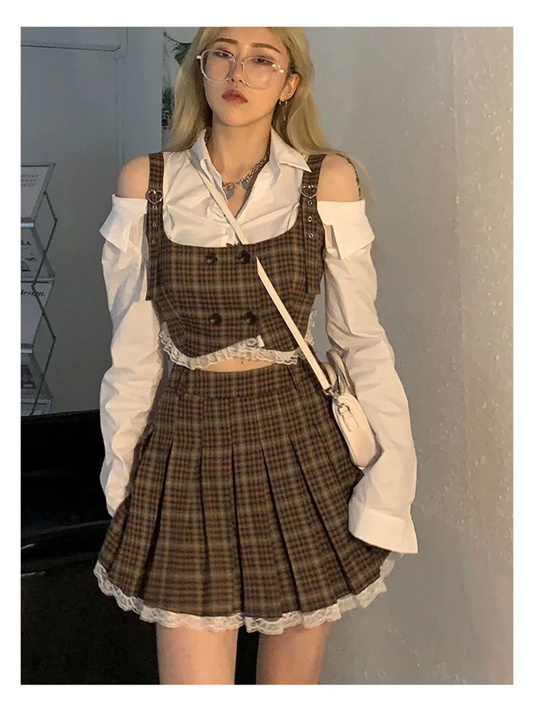 Женский костюм из двух предметов: майка и юбка укороченный топ в клетку